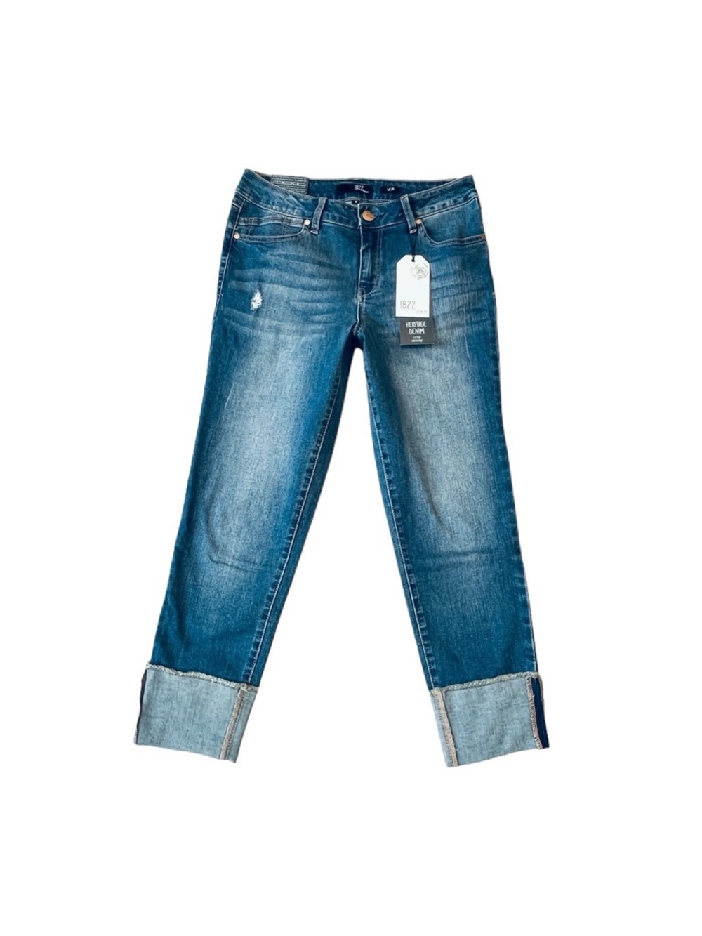 1822 Denim Women's Cropped Cuffed Jeans in Medium Blue Wash